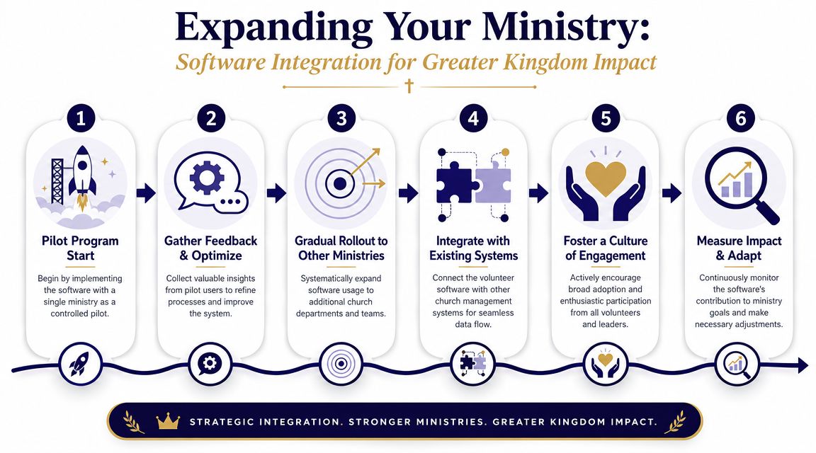 A six-step infographic showing a roadmap for implementing and integrating software into church ministry operations.