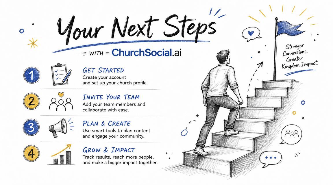 An infographic showing four steps to use ChurchSocial.ai to improve church social media management and community engagement.