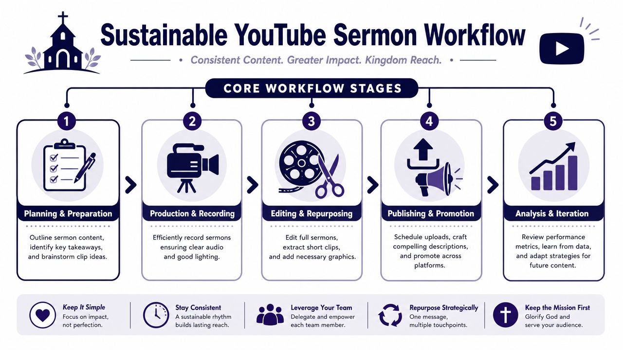 A diagram outlining a five-stage sustainable YouTube sermon workflow for churches, from planning to analysis.
