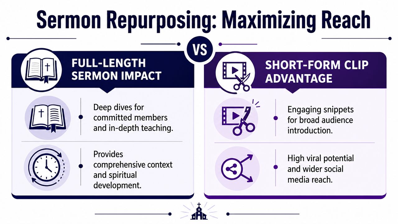 A comparison infographic showing the benefits of full-length sermons versus short-form video clips for church ministries.