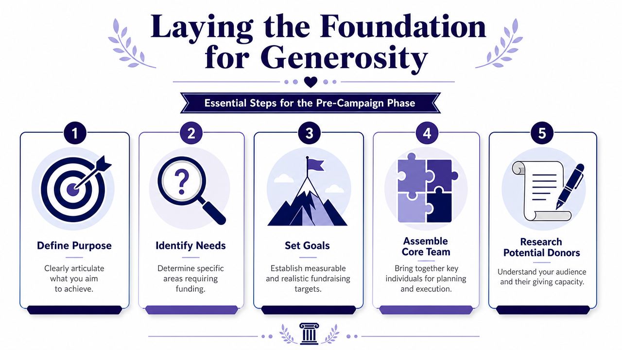 A five-step infographic illustrating the foundational process for planning successful church fundraising campaigns.