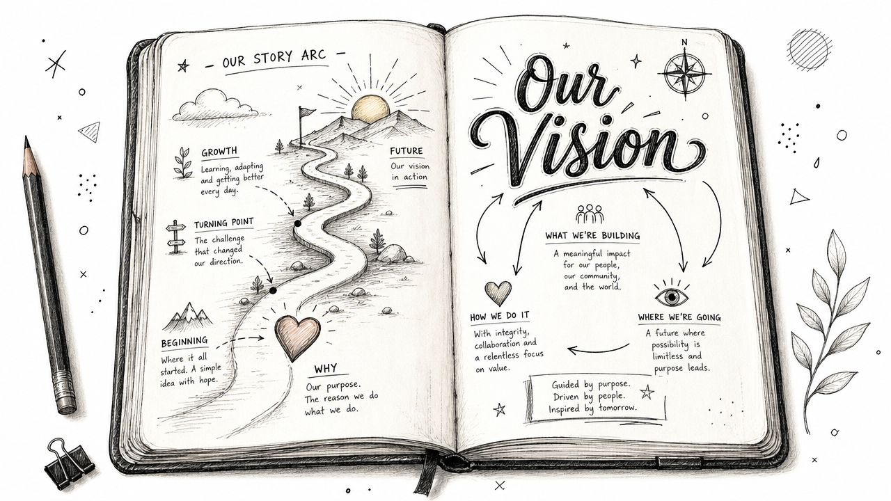 An illustrated open notebook sketching a company story arc and mission vision with hand-drawn icons.