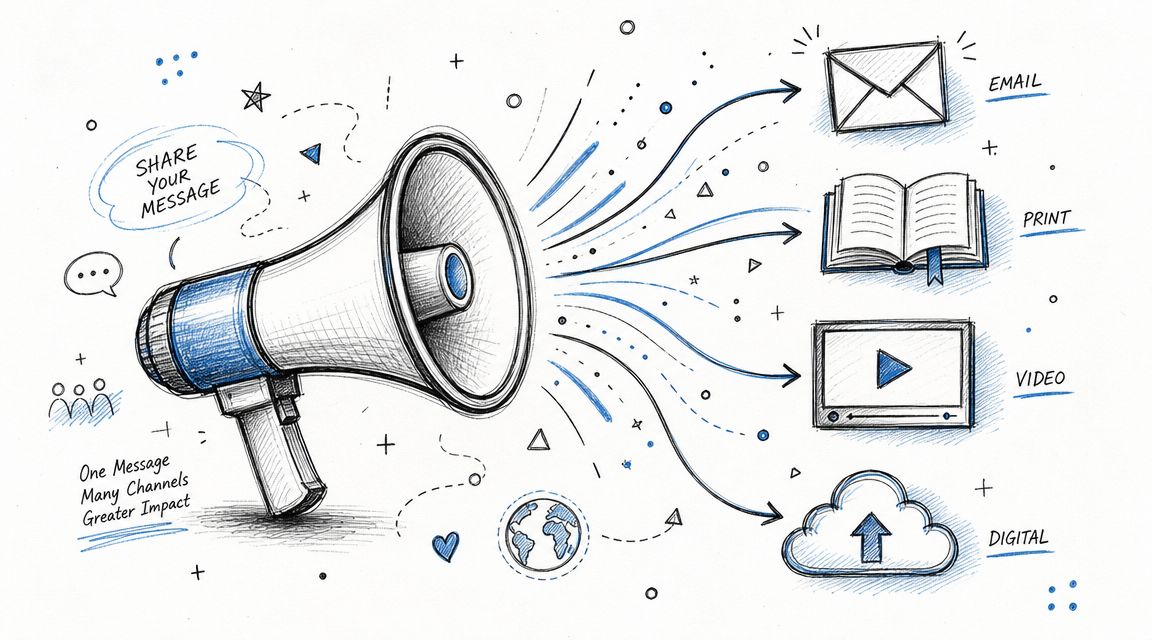 A hand-drawn illustration showing a megaphone broadcasting a message through four different digital and physical communication channels.