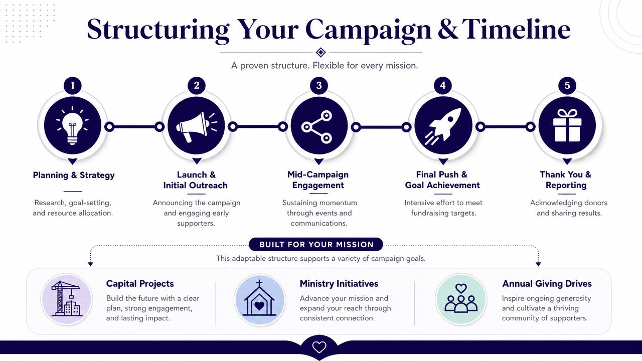 A five-step roadmap infographic for structuring successful fundraising campaigns, featuring planning, launch, engagement, final push, and reporting phases.