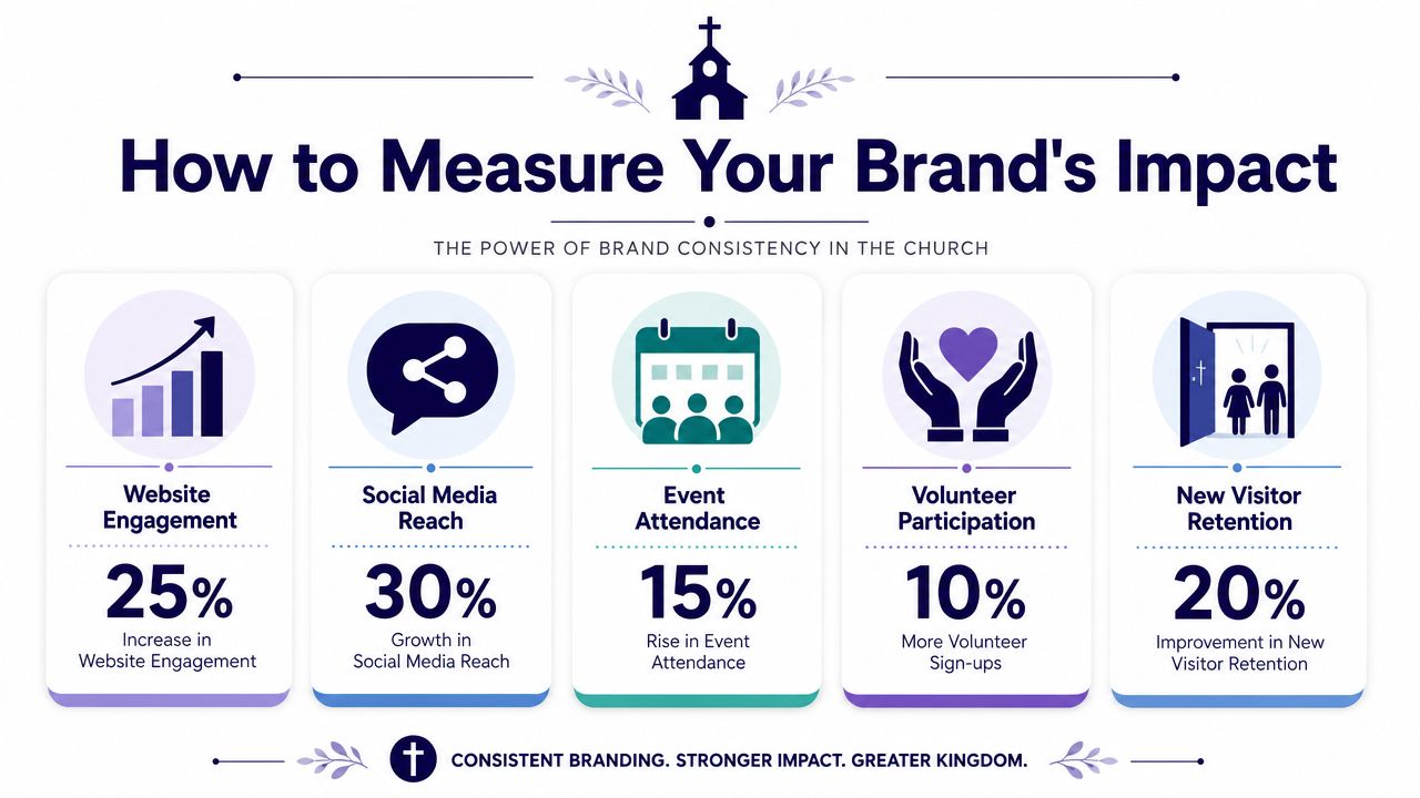 An infographic showing five key metrics to measure church brand impact, including engagement, reach, and retention.