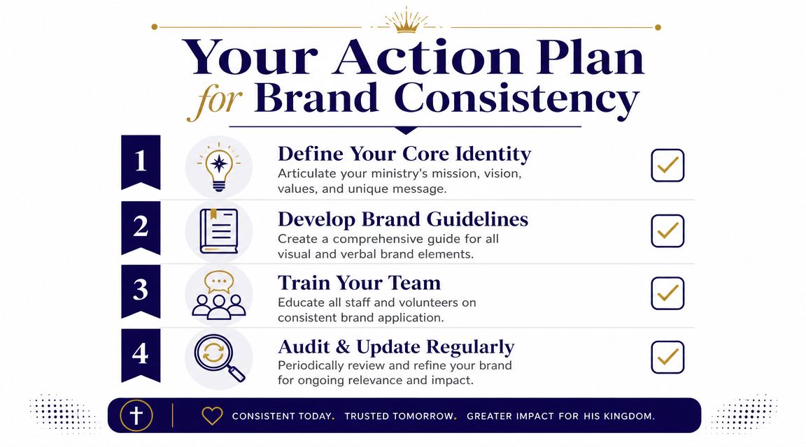 A four-step action plan infographic detailing how organizations can maintain brand consistency through defined guidelines and regular audits.