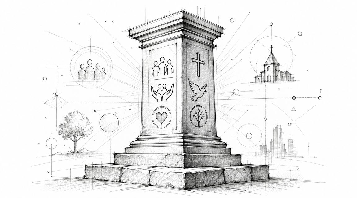 A pencil sketch of a stone pillar featuring religious and community icons with architectural drafting elements.