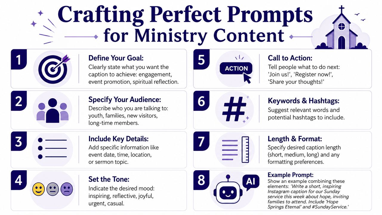 An infographic titled Crafting Perfect Prompts for Ministry Content, listing eight steps to guide church social media.
