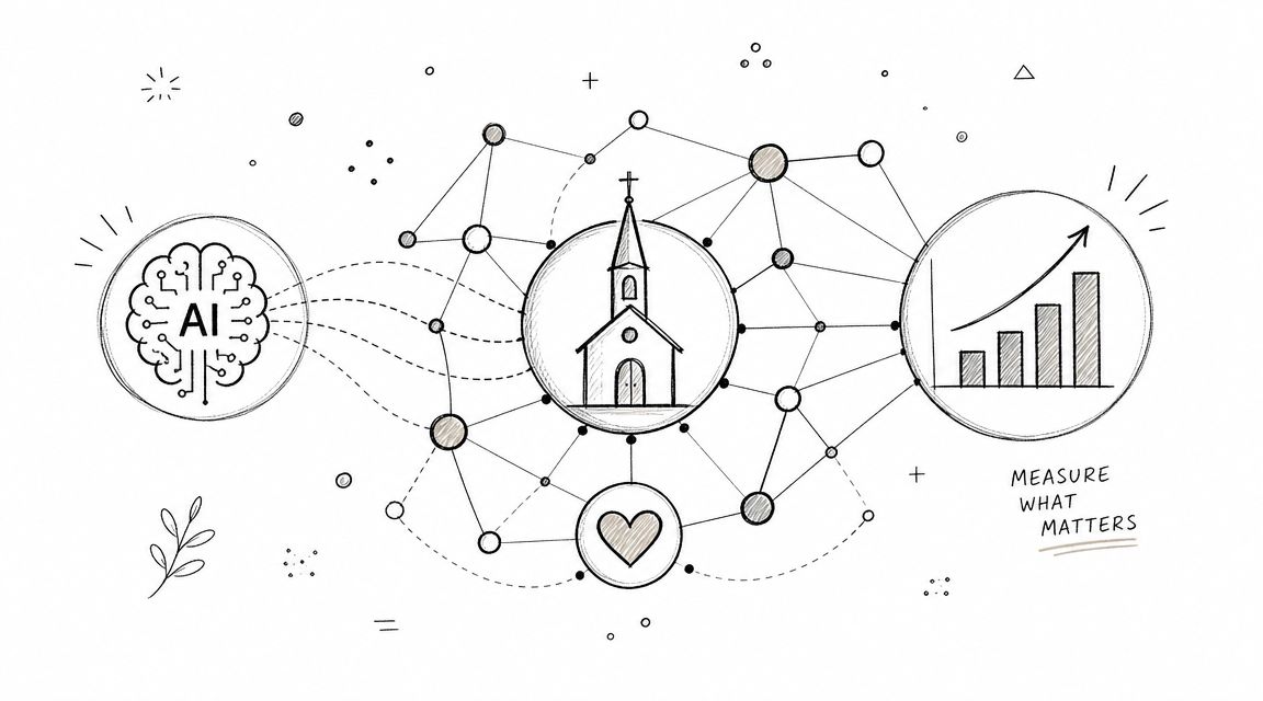 A hand-drawn illustration connecting artificial intelligence, a church, and data analytics to measure what matters.