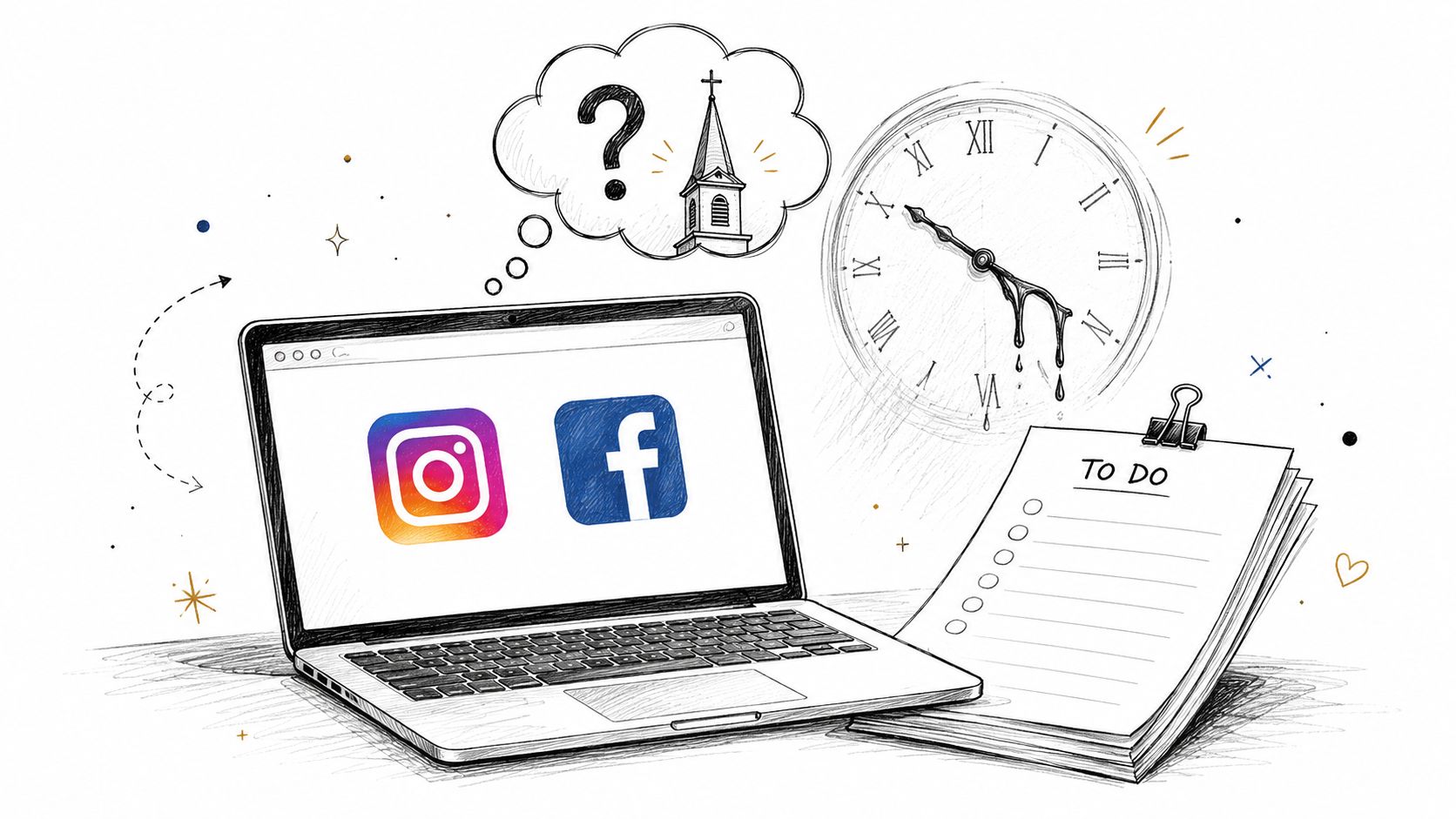 A digital illustration featuring a laptop with social media icons, a melting clock, and a to-do list.