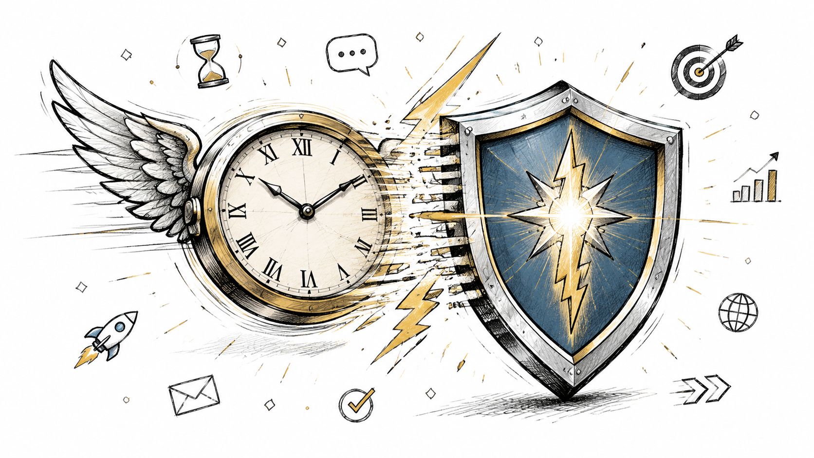 A winged clock crashing into a sturdy shield, representing protection of time and efficient business strategy.