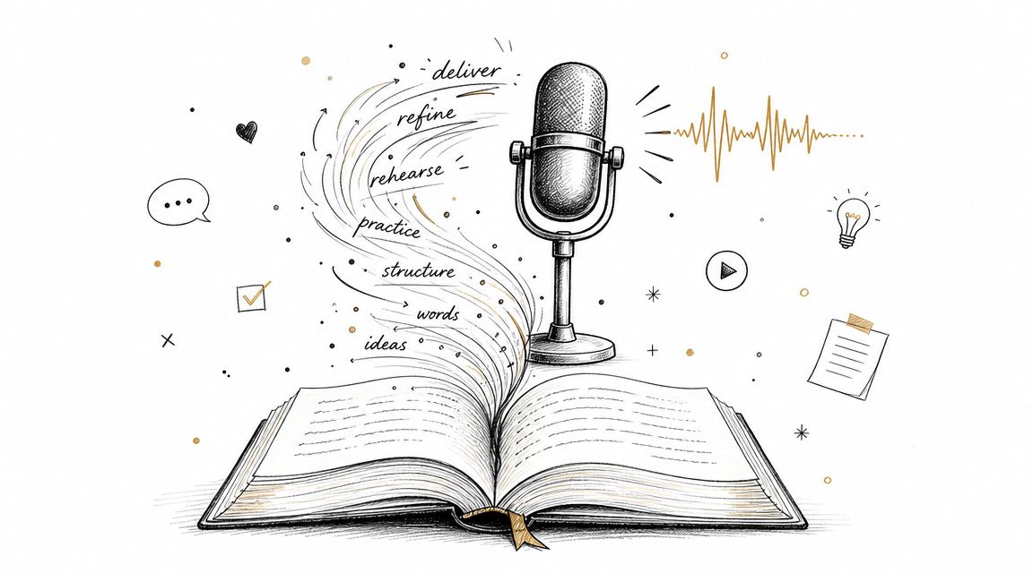 A hand-drawn illustration showing a book with words rising up like smoke towards a classic microphone.
