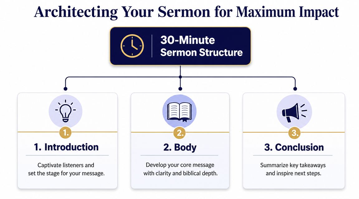 A diagram outlining a 30-minute sermon structure consisting of an introduction, body, and conclusion.