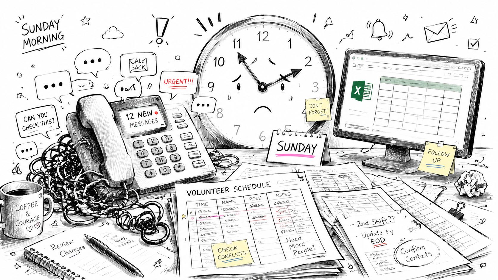 A chaotic office desk with a stressed clock, cluttered volunteer schedule, and phone displaying new messages.
