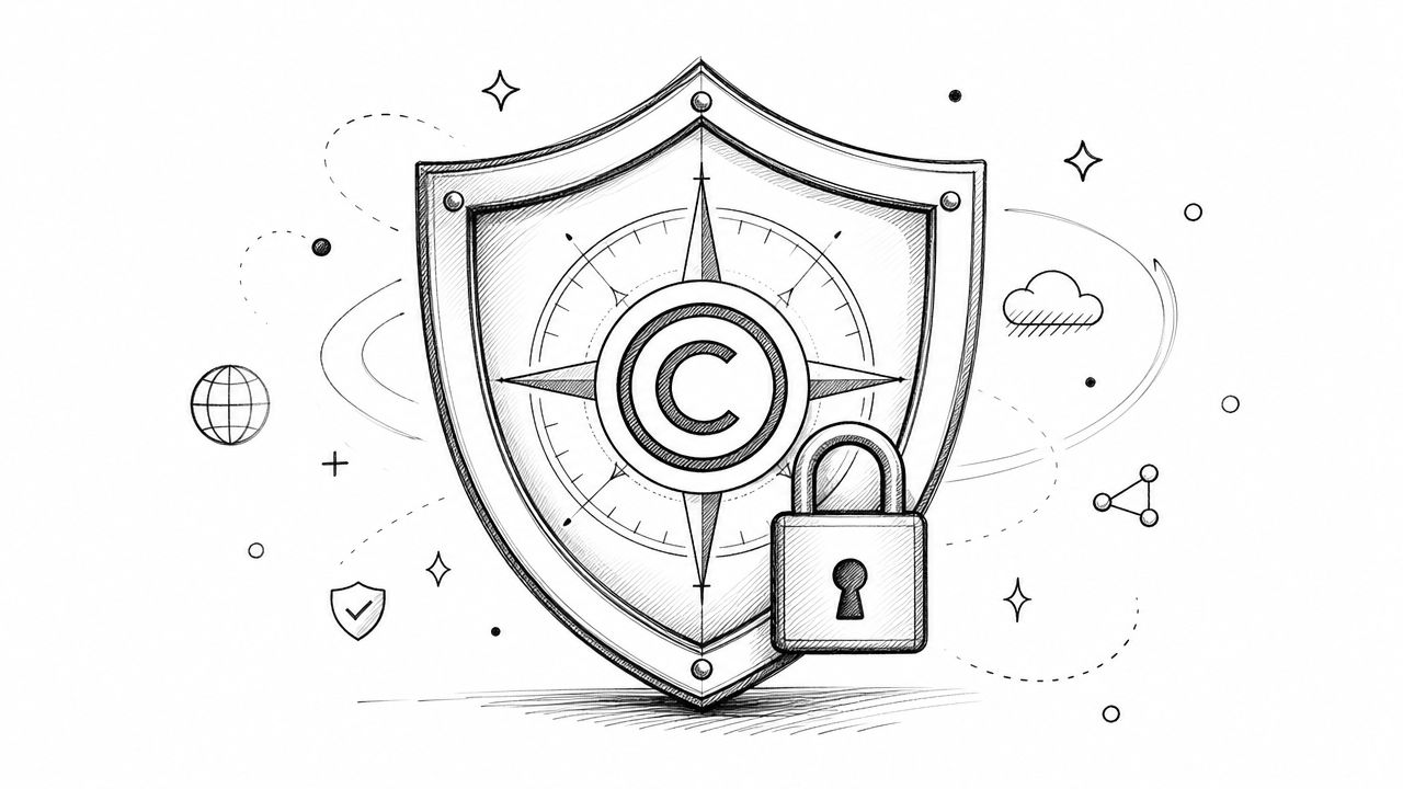 A hand-drawn sketch of a protective shield featuring a compass and copyright symbol with a locked padlock.