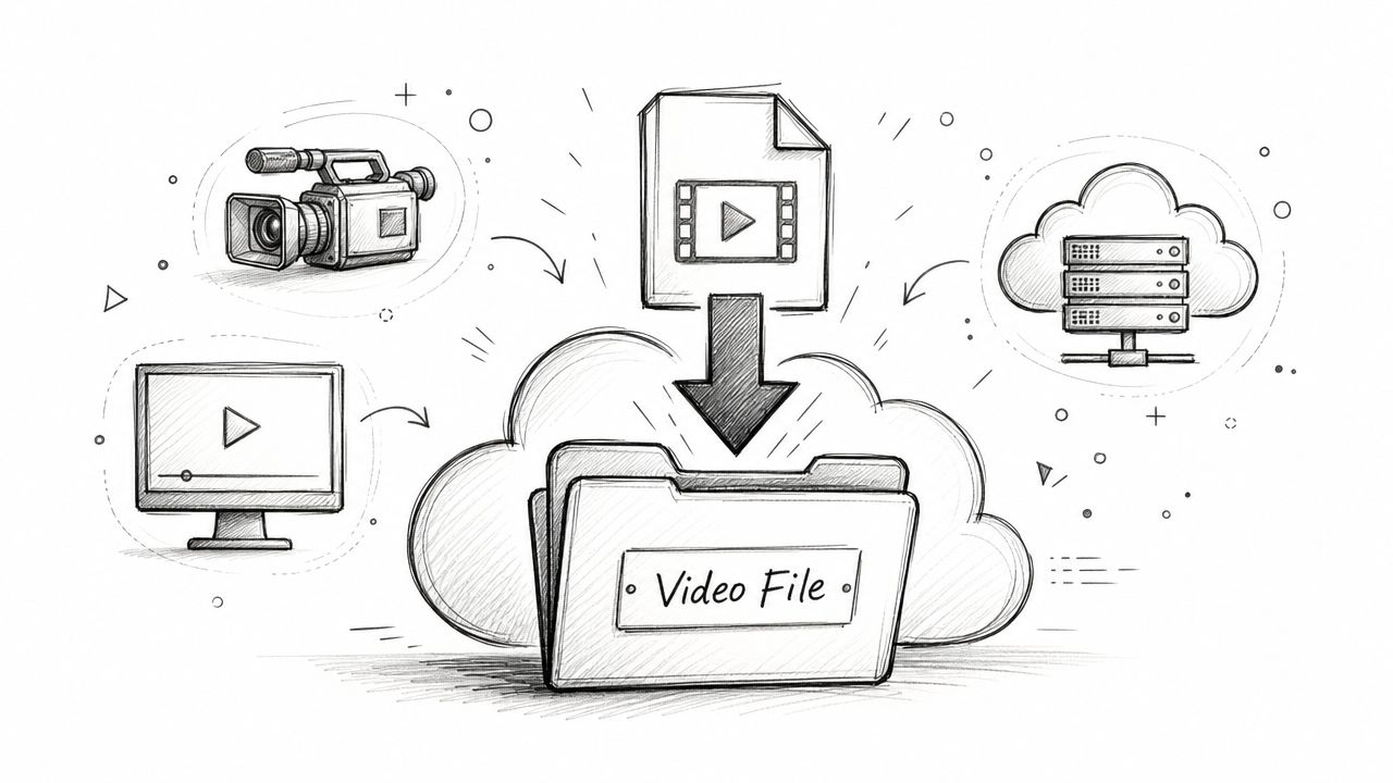 A hand-drawn illustration depicting a video file being stored in a digital folder on a cloud platform.