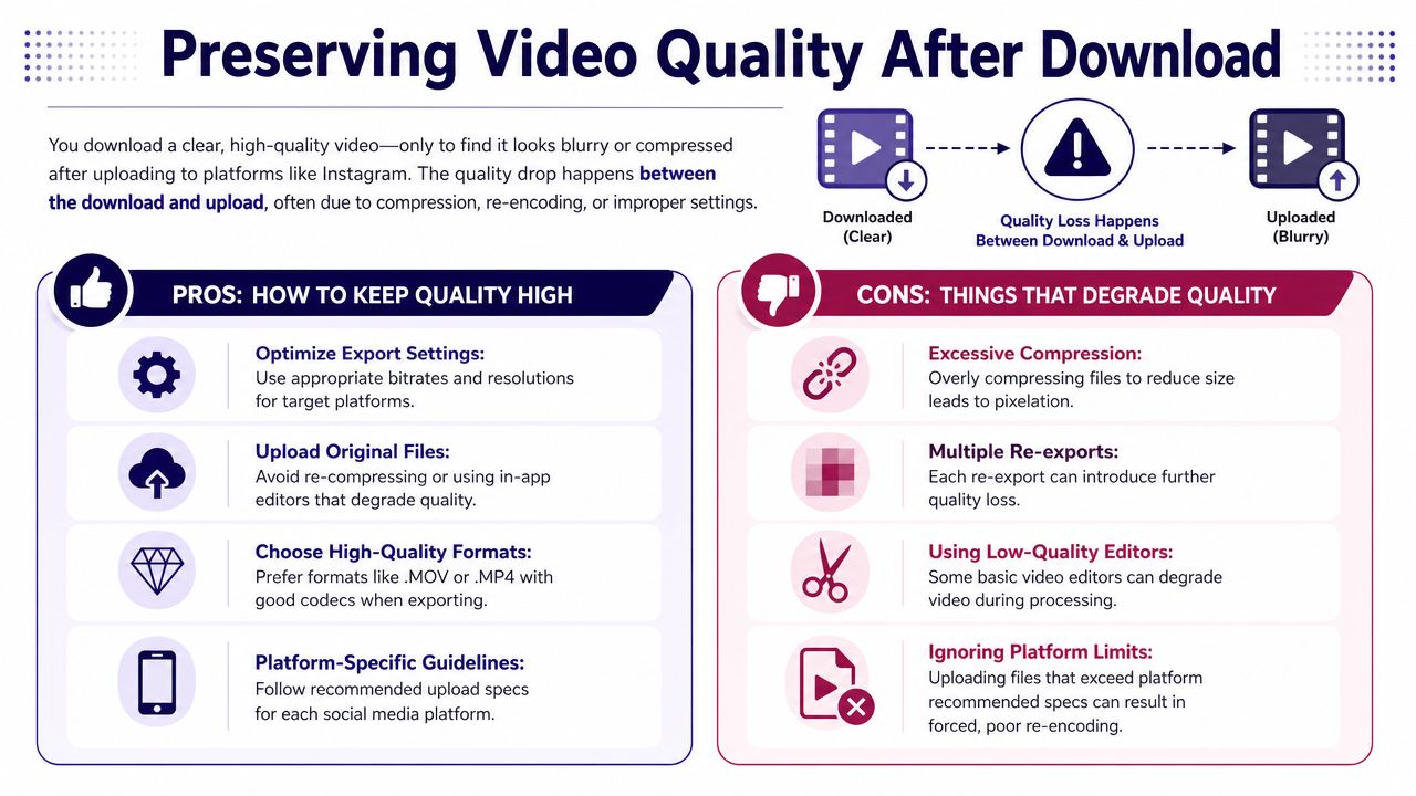 An infographic titled Preserving Video Quality After Download explaining tips to maintain high resolution when uploading videos.