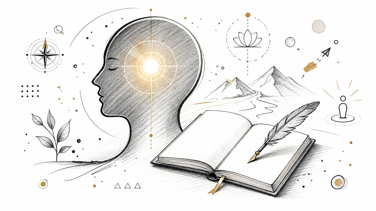 A pencil sketch of a human head silhouette with a glowing mind, open book, and quill pen.