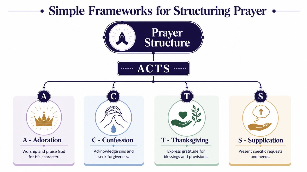 A diagram illustrating the ACTS framework for prayer including Adoration, Confession, Thanksgiving, and Supplication.