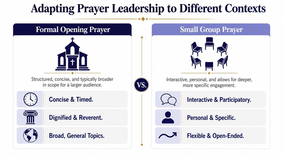 A comparison chart showing key differences between formal opening prayers and small group prayer leadership contexts.