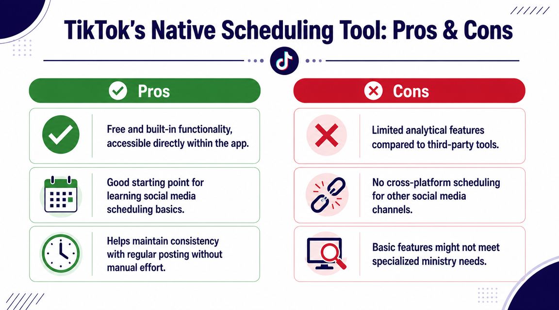 An infographic comparing the pros and cons of using TikTok's native content scheduling tool.