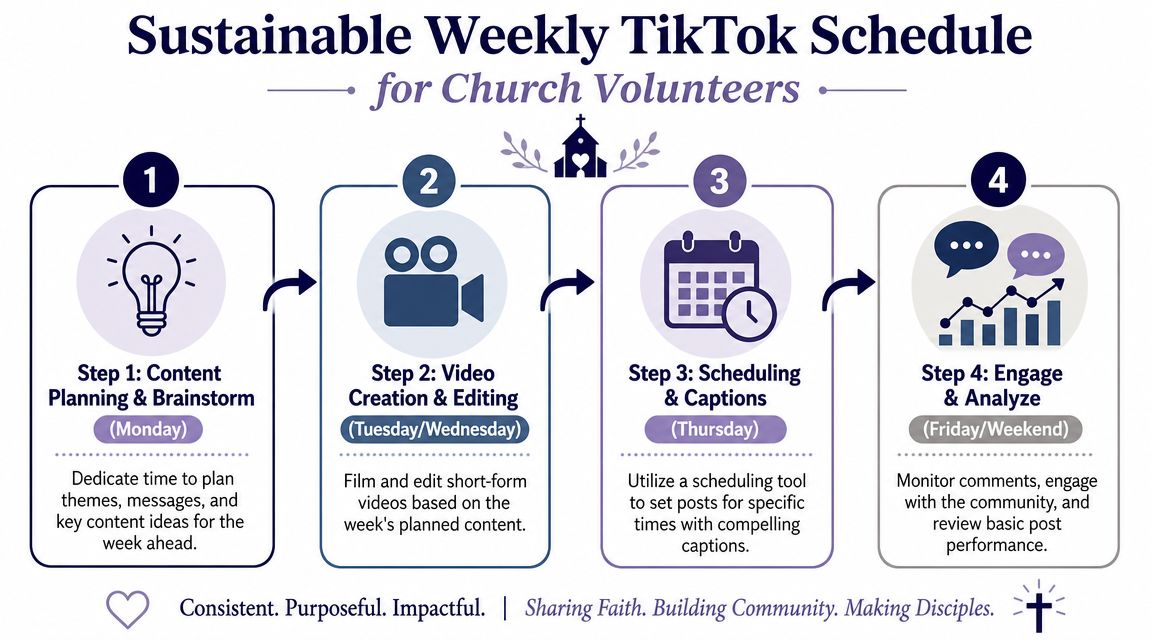 A four-step infographic showing a sustainable weekly TikTok content scheduling process for church volunteers.