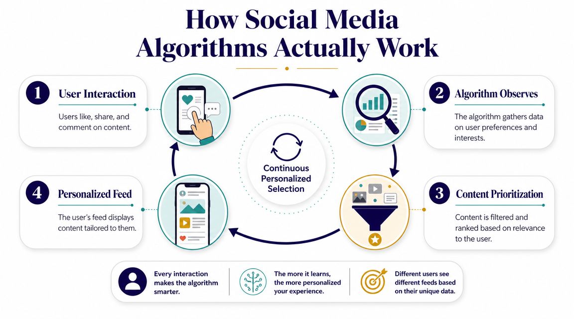 An infographic showing a continuous cycle explaining how social media algorithms learn from user interaction and personalize feeds.