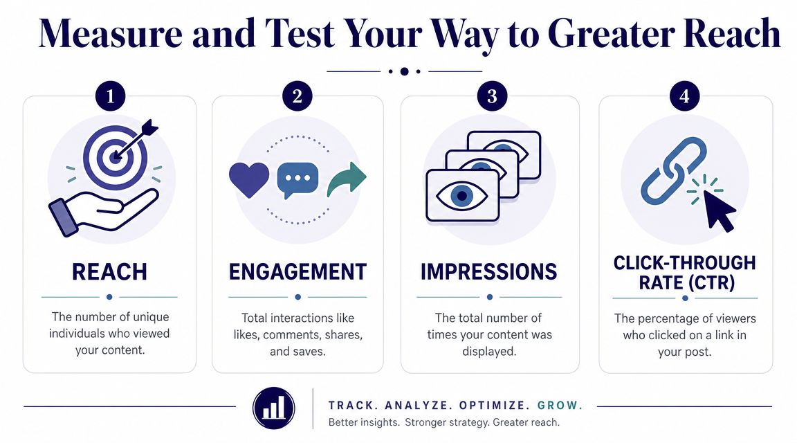 An infographic showing four key social media metrics: reach, engagement, impressions, and click-through rate with descriptions.