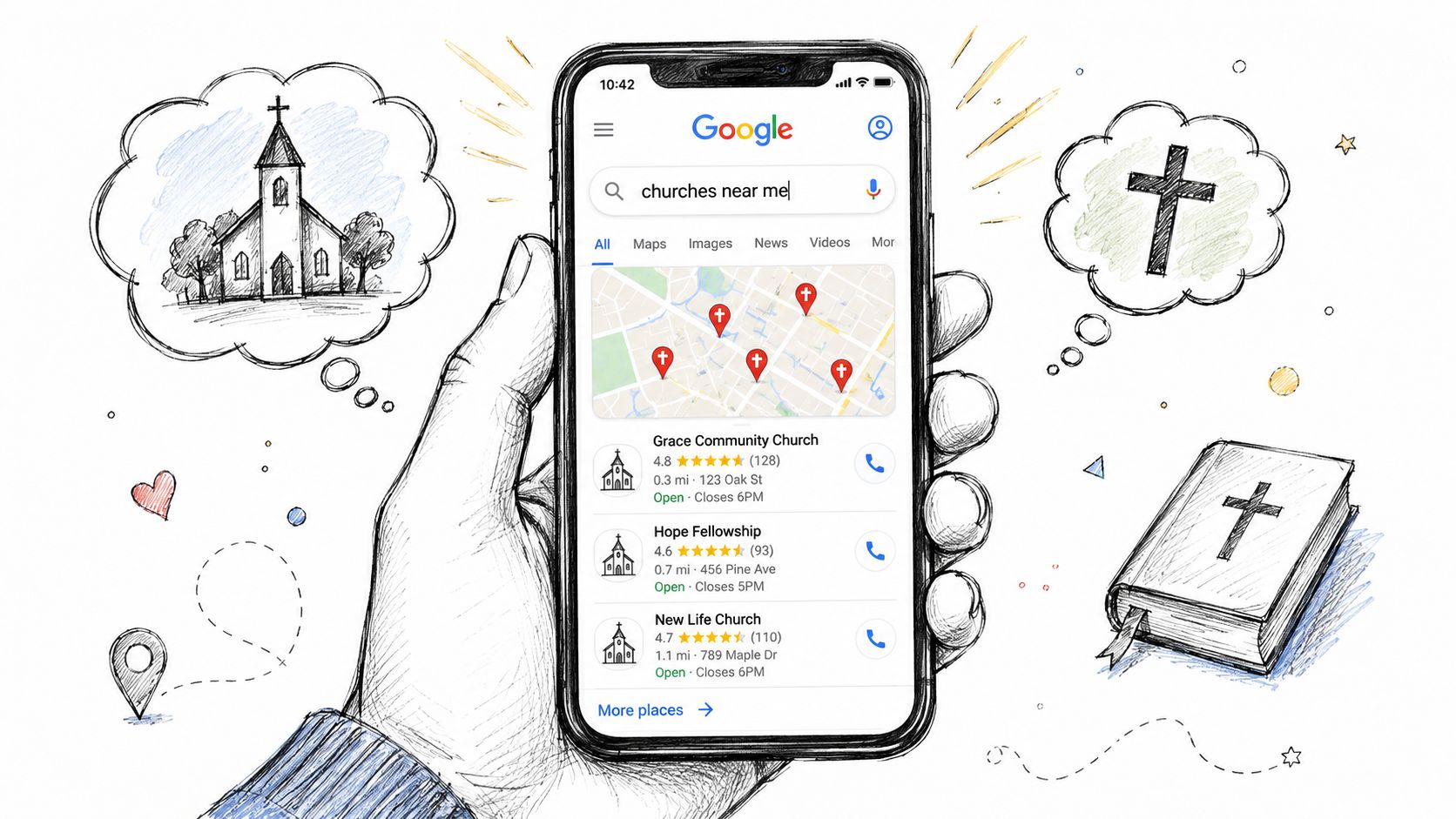 A hand holding a smartphone displaying Google search results for local churches with a map and list.