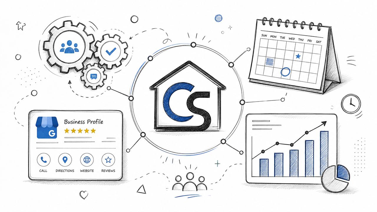 A hand-drawn illustration depicting professional business services, including profile management, scheduling, analytics, and team coordination.