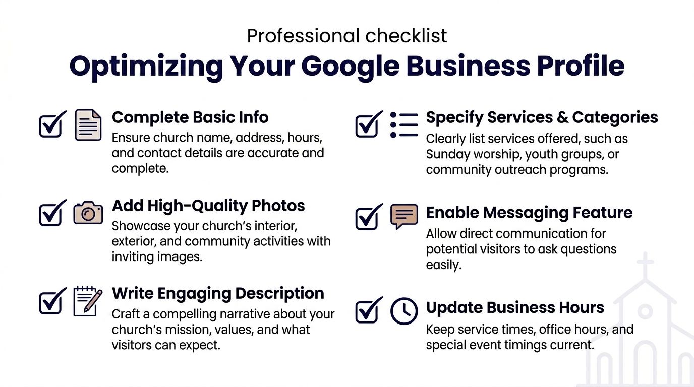 A professional checklist for optimizing a church Google Business Profile featuring six essential actionable steps.