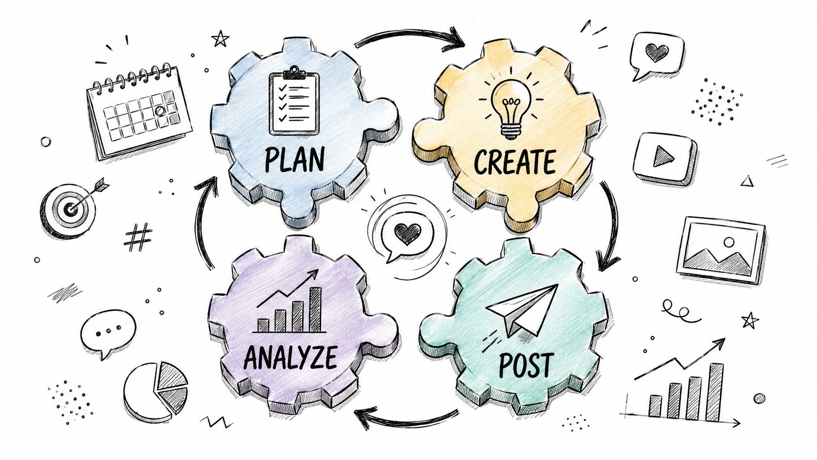 A hand-drawn illustration showing a four-step social media marketing cycle featuring plan, create, post, and analyze stages.