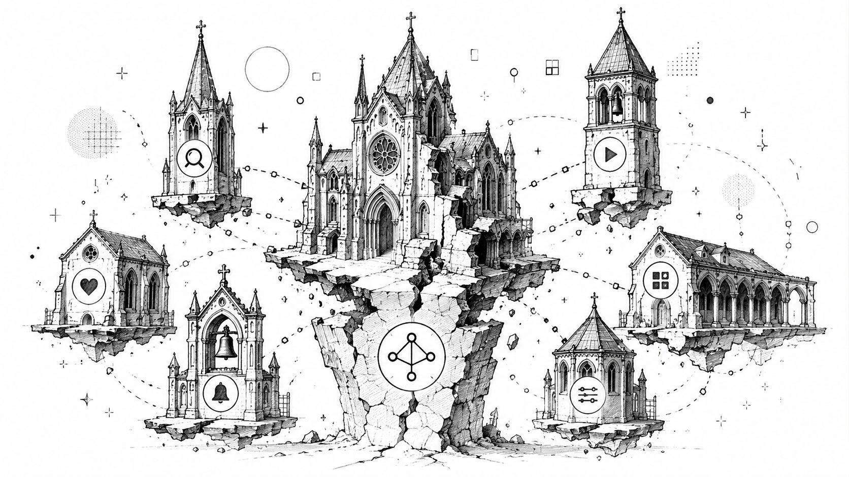 An artistic sketch of floating gothic cathedral buildings connected by dotted lines representing digital network icons.