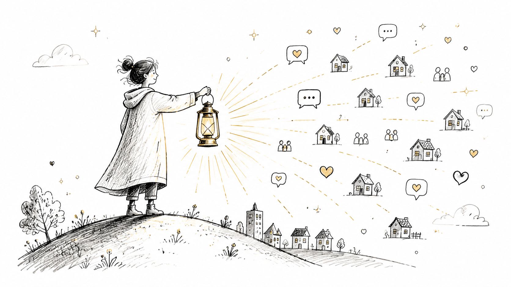 A sketched woman holding a glowing lantern, illuminating various houses and community symbols on a hill.