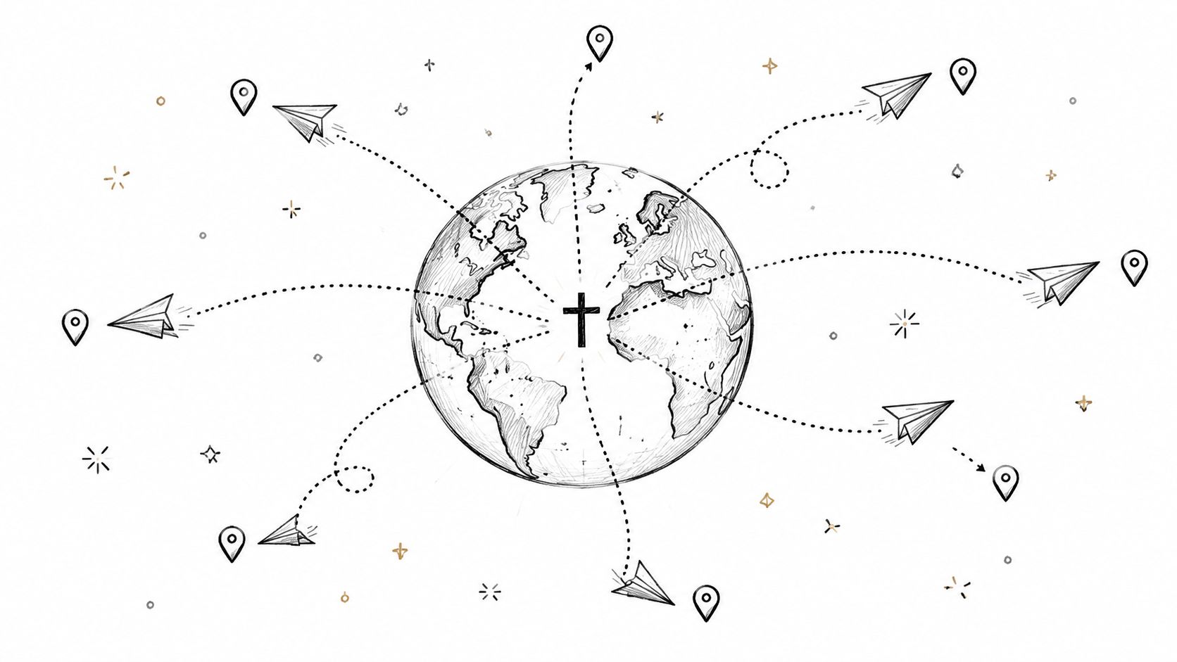 A line-art drawing of a globe with a cross, surrounded by paper airplanes flying to map pins.