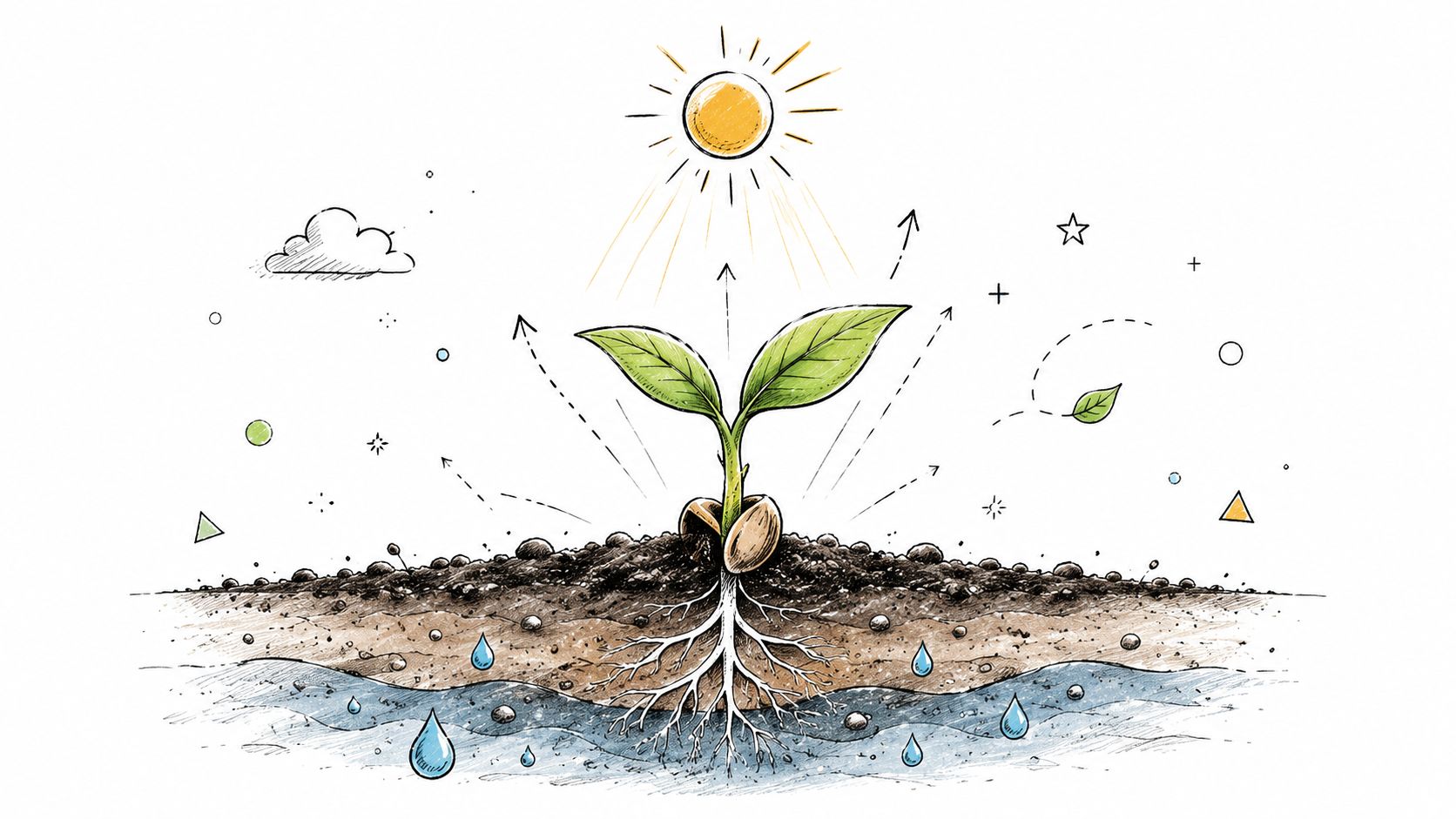 A hand-drawn illustration of a small green plant sprouting from soil with visible roots and sun.