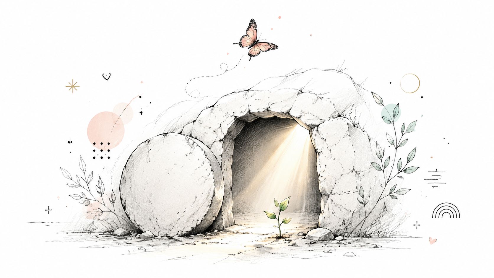 A sketched illustration of an empty tomb with light shining from within, a butterfly, and green sprouts.