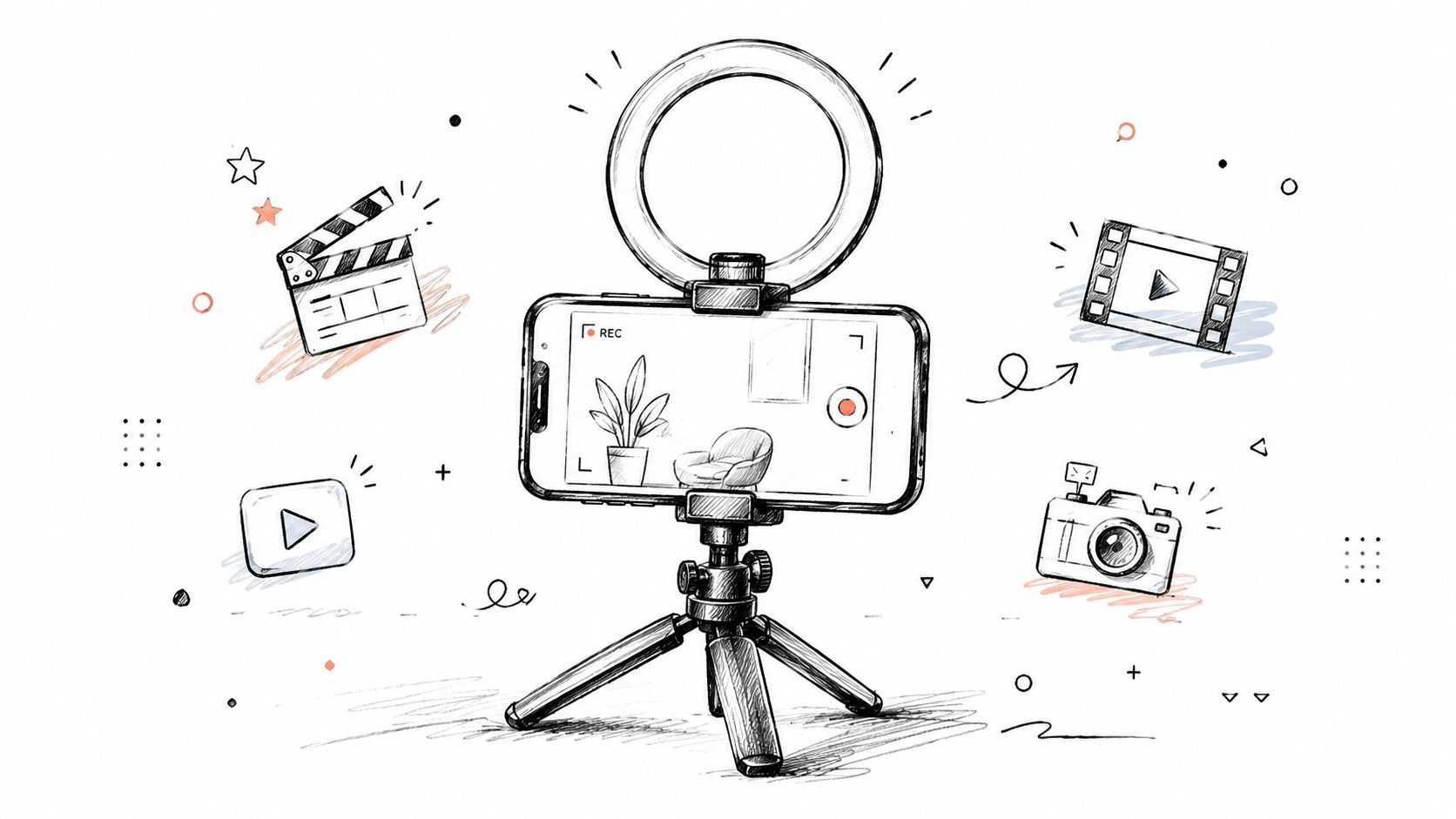 A hand-drawn illustration of a smartphone mounted on a tripod with a ring light for content creation.