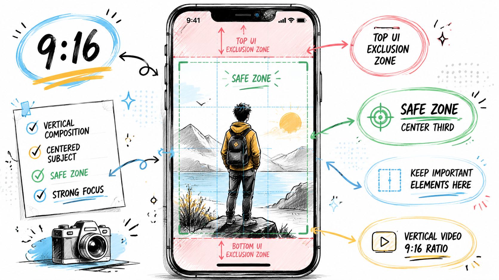 A diagram illustrating 9:16 vertical video composition, safe zones, and UI exclusion areas for mobile content.