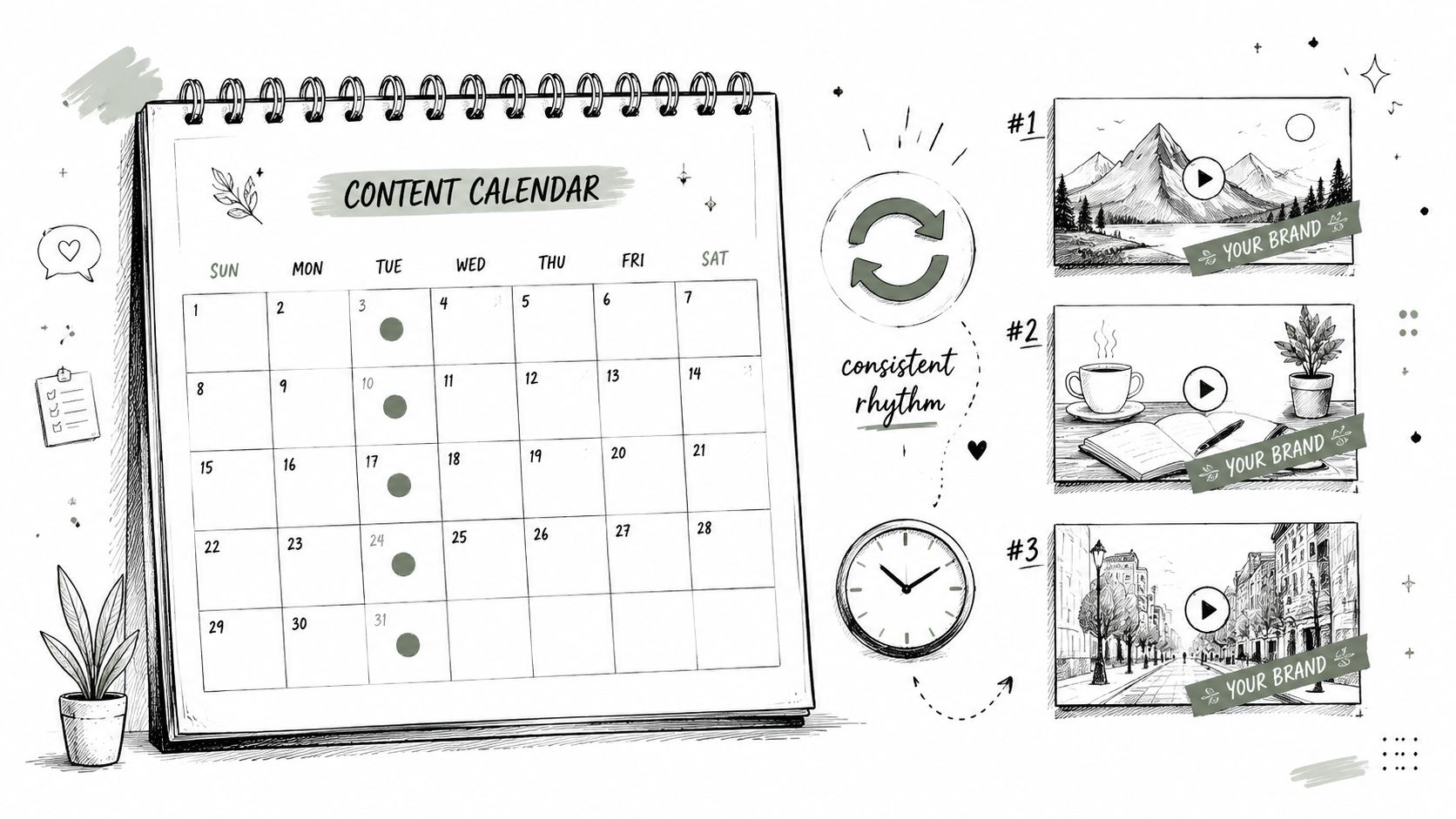 A hand-drawn content calendar for social media planning with a consistent rhythm for video posting.