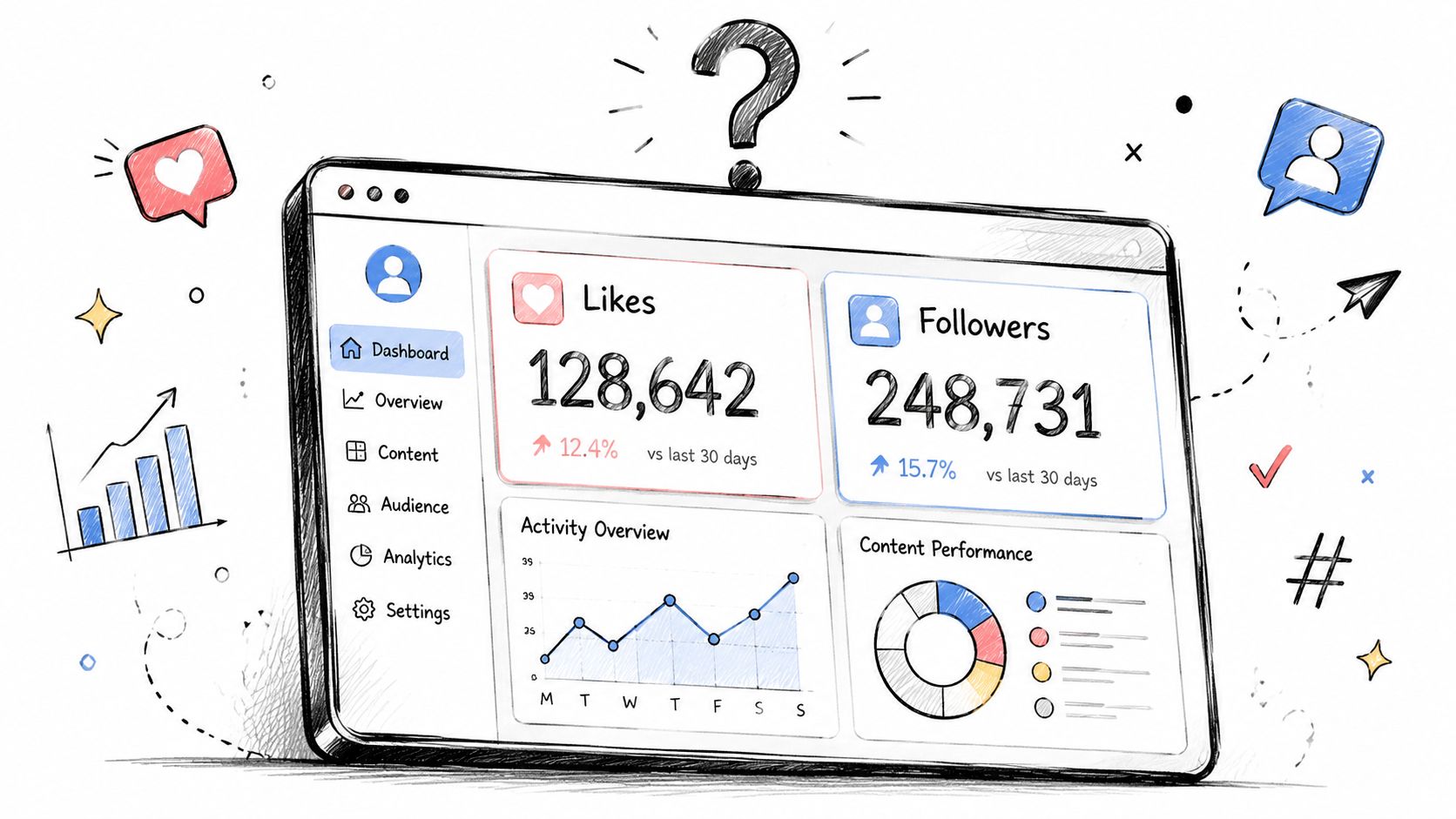 A digital illustration of a social media dashboard on a tablet showing likes, followers, and engagement graphs.