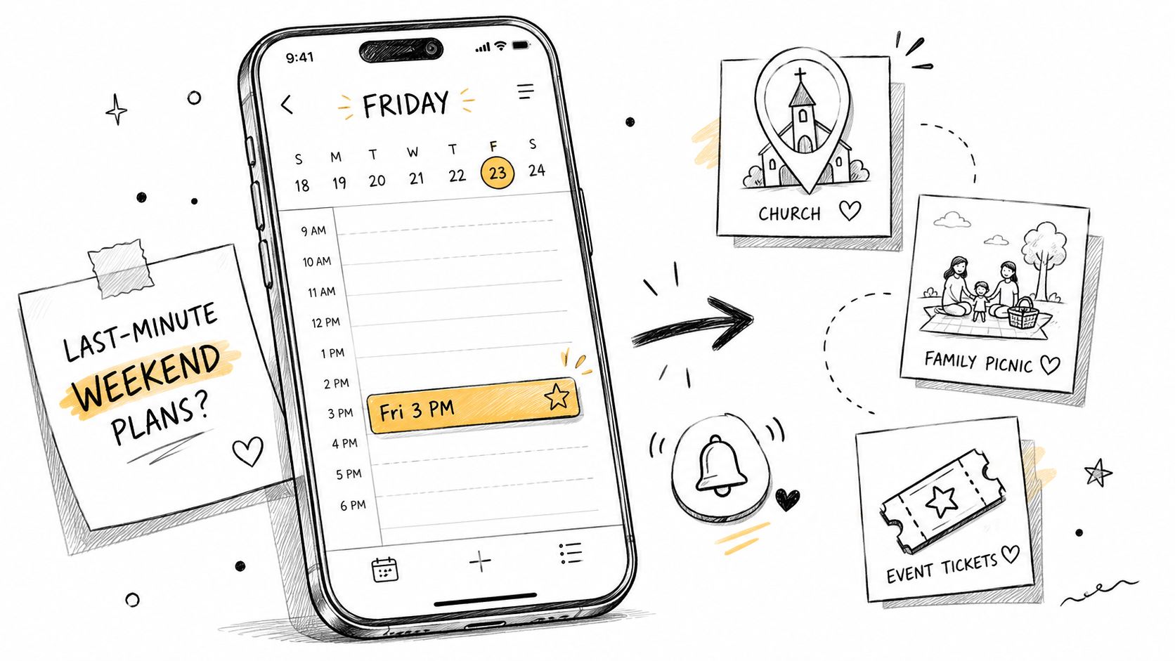 A hand-drawn illustration showing a smartphone with a calendar app displaying weekend plans and event icons.