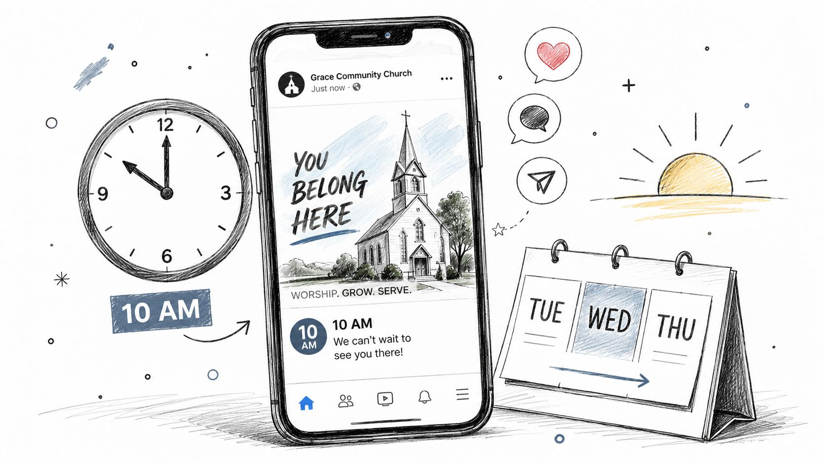 A smartphone displaying a church social media post alongside a clock and a calendar indicating scheduled content.