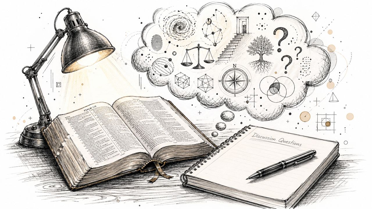 An open Bible under a desk lamp with a thought bubble filled with philosophical and scientific symbols.