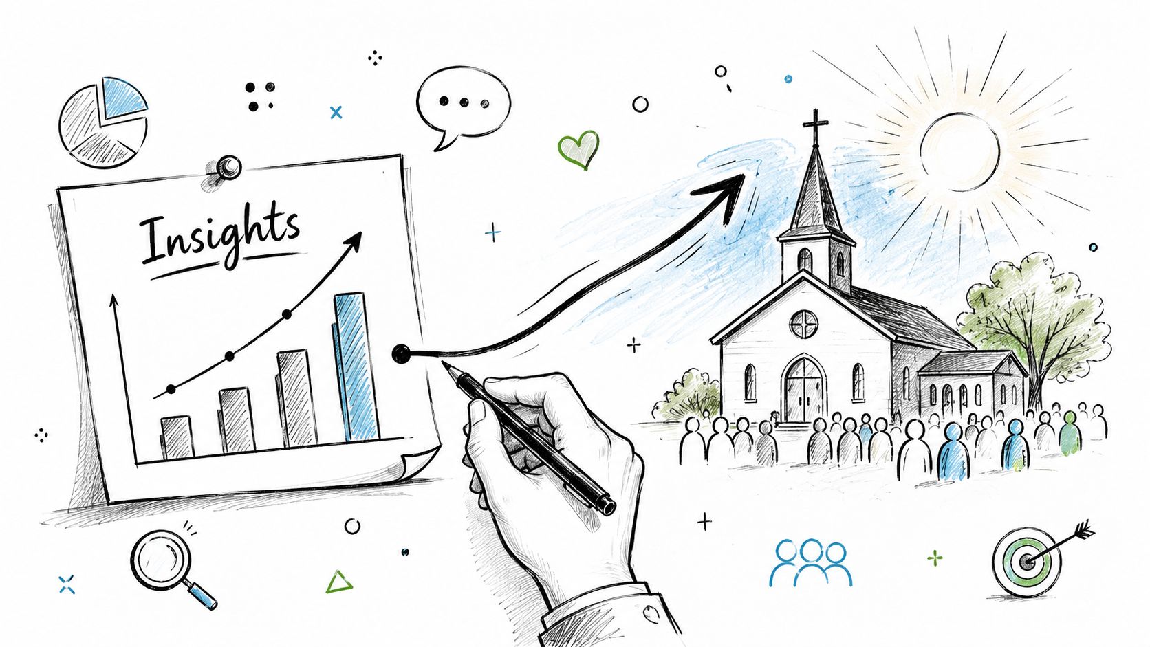 A hand drawing a growth chart with the word Insights next to a church and congregation.