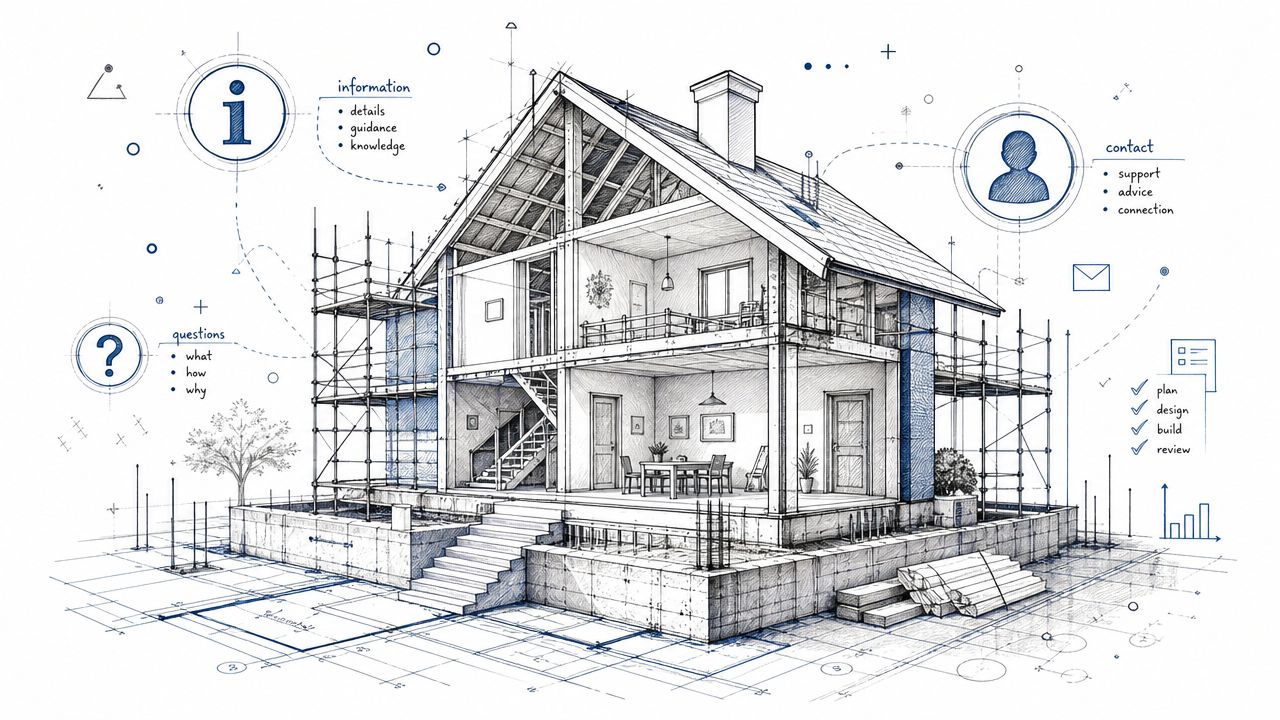 A detailed architectural sketch of a house under construction with blueprints and icons representing the building process.