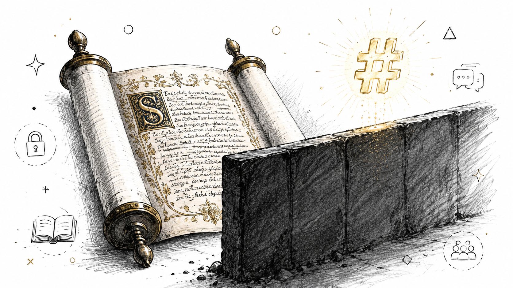 A hand-drawn illustration showing an ancient scroll standing behind a stone wall with a golden hashtag symbol.