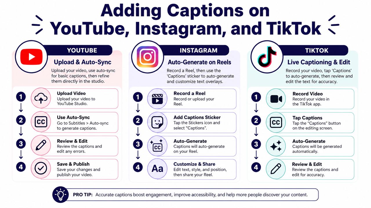 A step-by-step infographic showing how to add auto-generated captions to videos on YouTube, Instagram, and TikTok platforms.