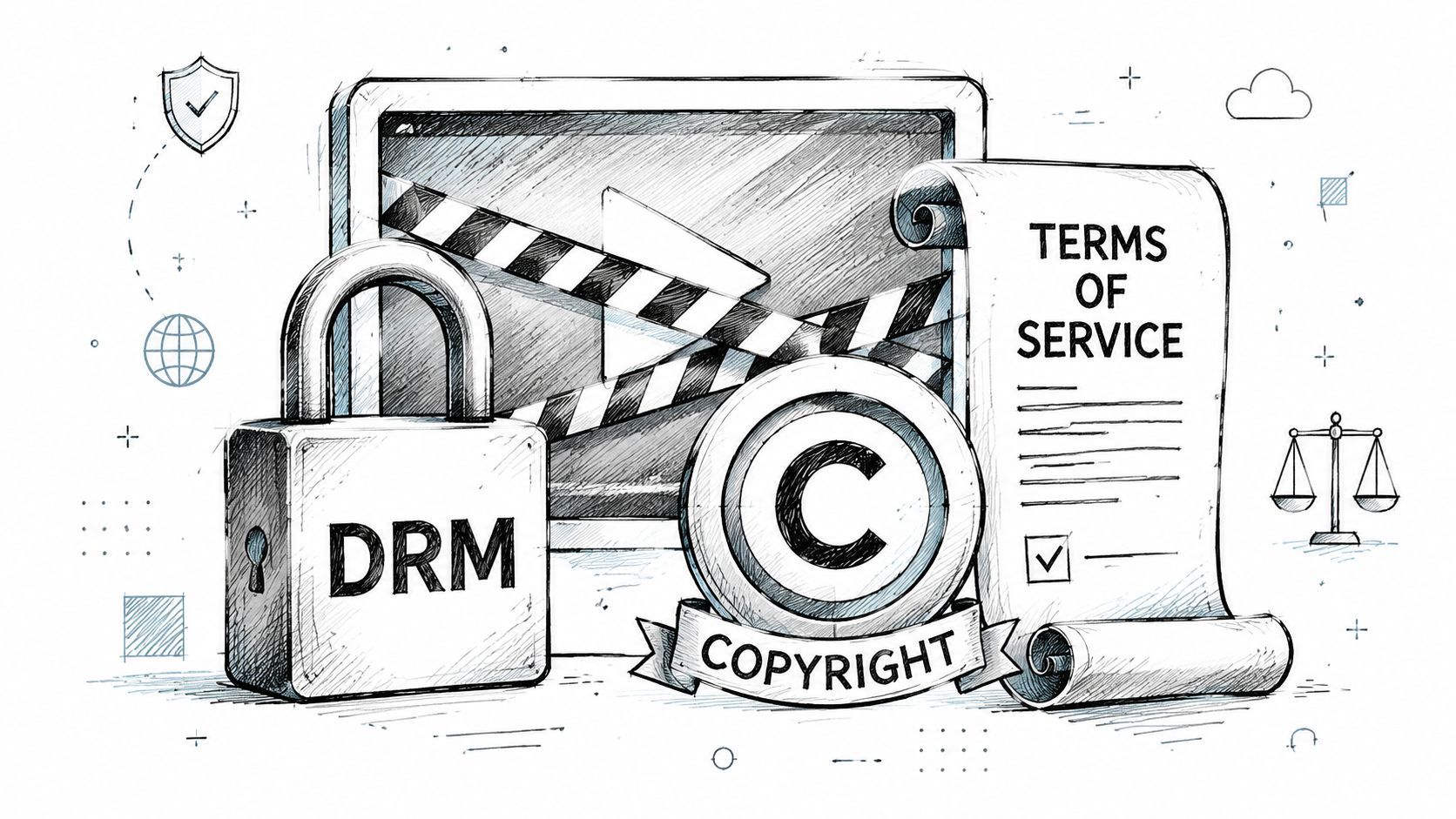 A conceptual illustration of DRM protection, copyright, and terms of service symbols on a video platform background.