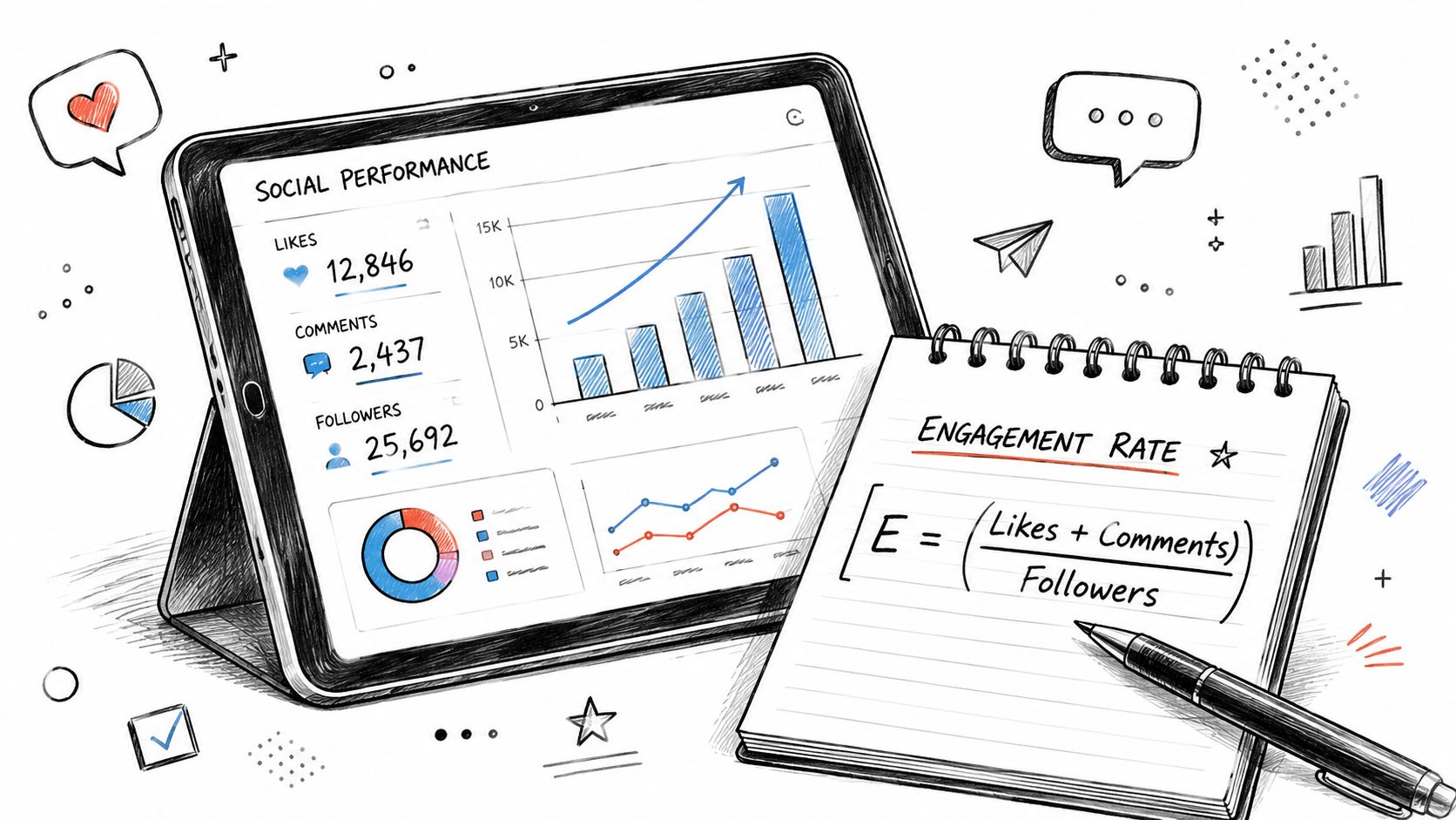 A tablet displaying social media analytics data next to a notebook showing the engagement rate formula.